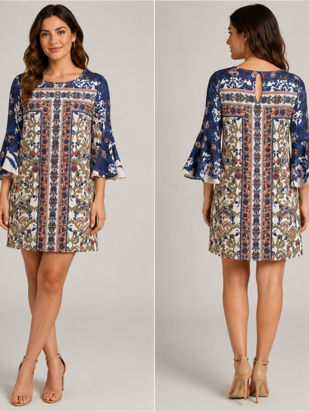 Umgee Paisley Floral Italian Sunset 3/4 Flutter Sleeve Shift Short Dress Small